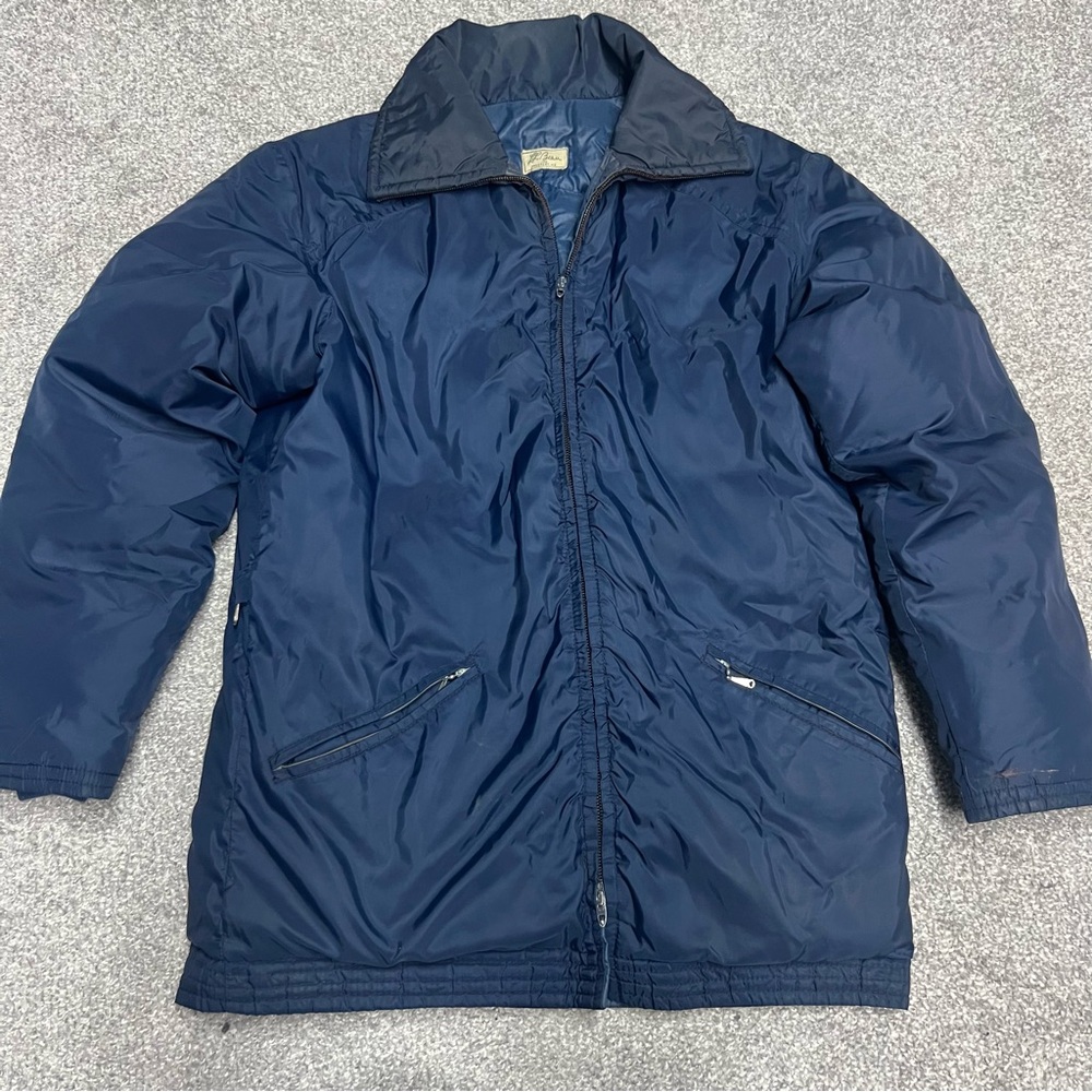 LL Bean Script Label Jacket Men’s Medium? Blue Down Puffer Zip Front Vintage 70s